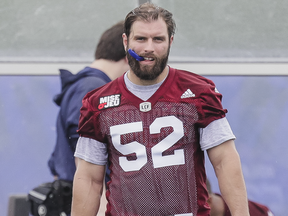 Linebacker Nicolas Boulay takes part in the Montreal Alouettes training camp at Bishop's University in Lennoxville on Sunday, May 29, 2016.