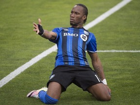 Montreal Impact's Didier Drogba celebrates after scoring against Philadelphia Union during first half MLS soccer action in Montreal on Saturday, May 14, 2016.