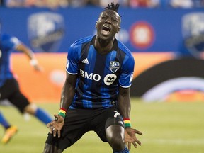 Montreal Impact's Dominic Oduro reacts after missing a shot on goal during first half MLS soccer action against the LA Galaxy in Montreal, Saturday, May 28, 2016.