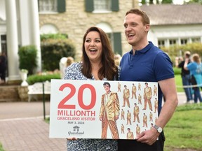 Tiffany Greenoak and her husband Robert pose at Graceland in Memphis, Tenn. in a handout photo. Almost a year after dancing to Elvis Presley at her wedding, a Montreal woman on her honeymoon found herself the guest of honour at the late King of Rock and Roll's iconic mansion in Memphis, Tenn.