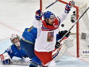 Czech forward Tomas Plekanec of the Canadiens celebrates after scoring a goal past Kazakhstan's goalie Vitali Kolesnik during the group A preliminary round game Czech Republic vs Kazakhstan at the 2016 IIHF Ice Hockey World Championship in Moscow on May 13, 2016.