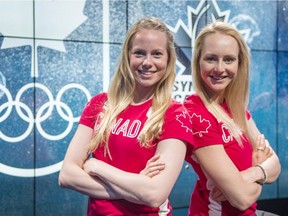 Jacqueline Simoneau, left, and Karine Thomas pose for a photo after being named to the synchronized swimming team for the Rio Summer Olympics Wednesday, May 18, 2016 in Montreal.