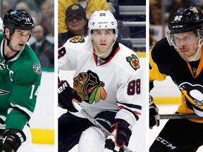 In this undated file photo combination, shown left to right are: Dallas Stars' Jamie Benn, Chicago Blackhawks' Patrick Kane and Pittsburgh Penguins' Sidney Crosby. Crosby, Benn and Kane were named the finalists for the Hart Memorial Trophy on Saturday, awarded to the NHL's most valuable player.