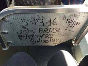 An image circulating on social media May 12, 2016, shows what appears to be threatening graffiti on an STM bus.
