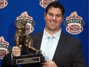 With training camp less than three weeks away, the Als have yet to indicate what their thoughts are on replacing Josh Bourke, pictured with his award for the CFL Outstanding Lineman in November 2011.