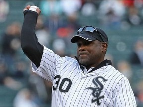 Former Major League player Tim Raines throws out a ceremonial first pitch before the Chicago White Sox take on the Kansas City Royals at U.S. Cellular Field on May 20, 2016 in Chicago.