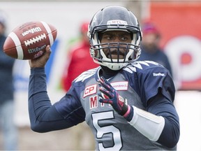 Montreal Alouettes quarterback Kevin Glenn throws a pass during first half CFL football action against the Hamilton Tiger Cats in Montreal, Sunday, October 18, 2015.