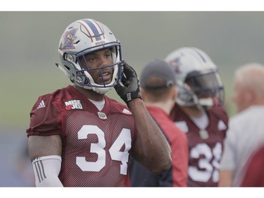 Player Kyries Hebert takes part in the Montreal Alouettes training camp at Bishop's University in Lennoxville on Sunday, May 29, 2016.