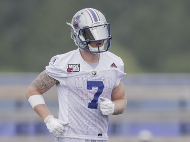 Player Loukis Corbin takes part in the Montreal Alouettes training camp at Bishop's University in Lennoxville on Sunday, May 29, 2016.