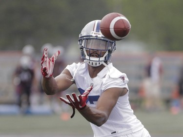 Player Mike Davis takes part in the Montreal Alouettes training camp at Bishop's University in Lennoxville on Sunday, May 29, 2016.