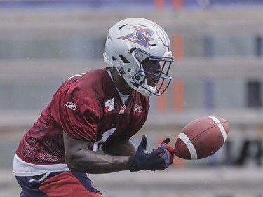 Player Victor Hampton takes part in the Montreal Alouettes training camp at Bishop's University in Lennoxville on Sunday, May 29, 2016.