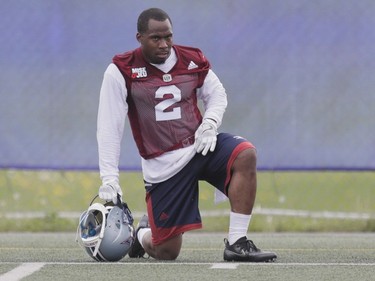 Player Jovon Johnson takes part in the Montreal Alouettes training camp at Bishop's University in Lennoxville on Sunday, May 29, 2016.