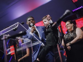 MAGIC MOMENT: P.K. Subban, on stage with irresistible young Stefano Ruvo, recipient of the TD Nicolas W. Matossian Junior Award of Excellence as mom Rosa looks on.