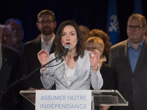 Martine Ouellet speaks to supporters in Montreal, Friday, May 27, 2016, where she announced her intention to run for the leadership of the Parti Québécois.
