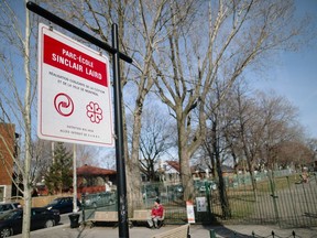 A view of the sign for the Sinclair-Laird school park near the corner of Liege and Wiseman Sts. The English Montreal School Board is considering using the land to build a daycare.