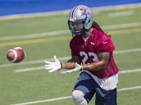 Defensive-back Jonathan Hefney of the Montreal Alouettes takes part in a drill during practice at Stade Hébert on August 25, 2015.