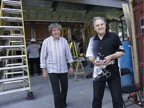 Montreal Jazz Festival co-founders André Ménard, right, and Alain Simard outside  the Maison du Jazz, still under construction in 2009.