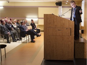 Carter Brown, right, during his speech at a press conference at the Shriners Hospitals for Children on Wednesday May 11, 2016.