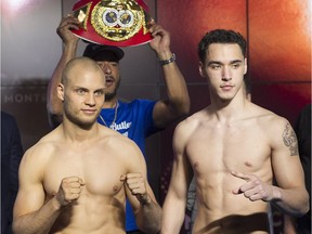 Boxers Ferdinand Pilz, left, and Steven Butler, during weigh-in at the Montreal Casino on Thursday May 12, 2016. They will meet on Friday for the IBF World Champion Youth title.