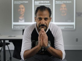 Vivek Venkatesh, associate professor of education at Concordia University sits in front of a projection of the researchers' website called SOMEONE (SOcial Media EducatiON Every day) on Thursday May 12, 2016. Vivek heads the group of researchers who are launching an online educational portal to curb hate speech and prevent radicalization.