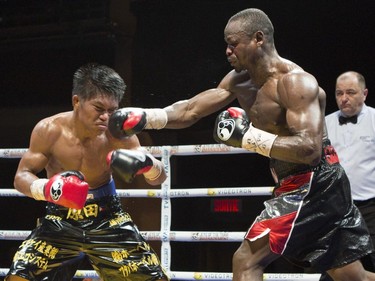 Super lightweight Dierry Jean, in black trunks with red trim, against Ricky Sismundo, in black trunks with gold trim, the fight resulted in a draw, at the second edition of the Fight Club Series at Metropolis in Montreal, Friday, May 13, 2016.
