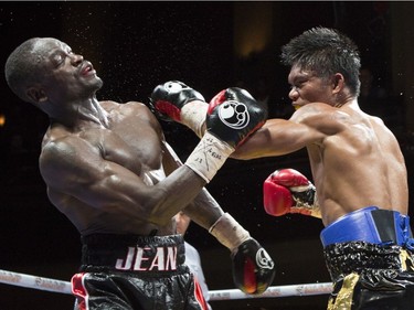 Super lightweight Dierry Jean, in black trunks with red trim, against Ricky Sismundo, in black trunks with gold trim, the fight resulted in a draw, at the second edition of the Fight Club Series at Metropolis in Montreal, on Friday May 13, 2016.