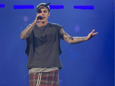 Canadian pop icon Justin Bieber performs at the Montreal Bell Centre on May 16, 2016.