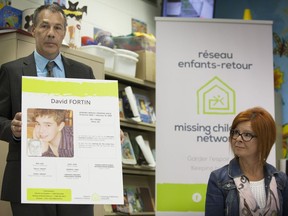 Caroline Lachance, whose son David went missing seven years ago, at a press conference organized by the Missing Children's Network where an age-progressed photo of her son was unveiled at École Barthélemy-Vimont in Montreal, Wednesday May 25, 2016. David would be 22 in June.