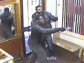 Still frames from surveillance video of attempted robbery of a Park Extension jewellry store. Robbers Richardson François and Jerry Theodore were disfigured when one of the store owners splashed acid at them.