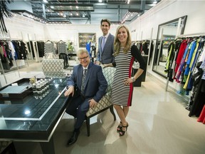 Frank Lyman, left, founder of Frank Lyman Designs, with his daughter Stephanie , company president and son Patrick, a vice-president, at the company's Pointe-Claire office on Sources Blvd. on May 4, 2016.