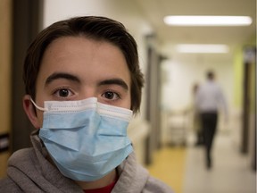 Liam Sparey, 14, waits to have breathing tests done at the Montreal Children's Hospital in Montreal on Wednesday May 4, 2016. Sparey has cystic fibrosis.