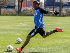 Impact forward Didier Drogba lets loose at practice Friday as club prepares to face the Crew in Columbus on Saturday.