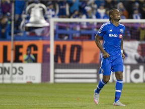 The North Star Bell is the backdrop as Impact star Didier Drogba leaves the pitch at Saputo Stadium on Oct. 25, 2015.