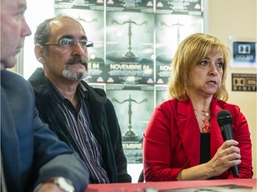 Nicole Roux, right, and Francois Bergen, the parents of murder victim Denis Roux-Bergevin, are seen at a press conference for the documentary film Novembre 84' at Cinéma Beaubien in Montreal on Oct. 28, 2014.