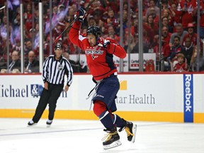 Alex Ovechkin of the Washington Capitals celebrates after scoring against the Pittsburgh Penguins during the first period in Game 5 of the Eastern Conference Second Round during the 2016 NHL Stanley Cup Playoffs at Verizon Center on May 7, 2016, in Washington, D.C.