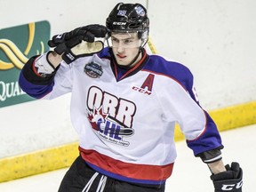 Team Orr's Pierre-Luc Dubois celebrates his goal against Team Cherry during third period CHL/NHL Top Prospects Game hockey action in Vancouver, B.C., on Thursday January 28, 2016.