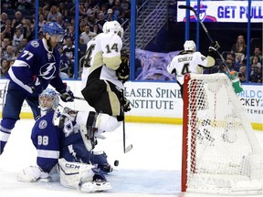 Chris Kunitz of the Pittsburgh Penguins celebrates after scoring the third goal against Andrei Vasilevskiy of the Tampa Bay Lightning during the third period in Game Four of the Eastern Conference Final during the 2016 NHL Stanley Cup Playoffs at Amalie Arena on May 20, 2016, in Tampa.