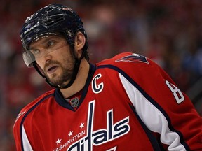 WASHINGTON, DC - MAY 07: Alex Ovechkin #8 of the Washington Capitals looks on against the Pittsburgh Penguins during the second period in Game Five of the Eastern Conference Second Round during the 2016 NHL Stanley Cup Playoffs at Verizon Center on May 7, 2016 in Washington, DC.