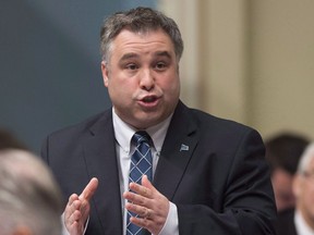Quebec Education and Family Minister Sebastien Proulx responds to the Opposition during question period at the legislature in Quebec City in this April 28, 2016,
