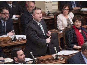 Quebec Education and Family Minister Sebastien Proulx responds to the Opposition during question period Wednesday, April 13, 2016 at the legislature in Quebec City. Less than three weeks after CAQ leader François Legault made a proposal to change the mandatory school attendance age, Proulx, himself a former Coalition member of the National Assembly, announced to La Presse his intention to implement it.