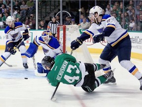 Brian Elliott of the St. Louis Blues blocks a shot on goal by Valeri Nichushkin of the Dallas Stars in the third period in Game 5 of the Western Conference Second Round during the 2016 NHL Stanley Cup Playoffs at American Airlines Center on May 7, 2016, in Dallas.