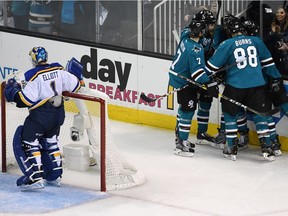 Joel Ward (#42) of the San Jose Sharks celebrates his goal with teammates in Game Six of the Western Conference Final against the St. Louis Blues during the 2016 NHL Stanley Cup Playoffs at SAP Center on May 25, 2016 in San Jose, California.