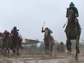 Exaggerator ridden by Kent Desormeaux leads the field to win the 141st running of the Preakness Stakes at Pimlico Race Course on May 21, 2016, in Baltimore.