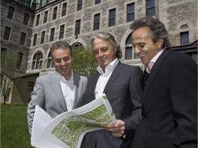 Developers Tony Miceli, left, and Carlo Bizzotto, right, with Claude Marcotte, whose firm designed the development proposal for the former Marianopolis grounds, at the site on Monday, May 11, 2009.