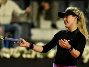 Eugenie Bouchard of Canada reacts during her match against Barbora Strycova of the Czech Republic on Day Five of The Internazionali BNL d'Italia on May 12, 2016 in Rome, Italy.