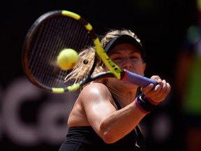 Eugenie Bouchard of Canada plays a forehand in her match against Jelena Jankovic of Serbia on Day 3of The Internazionali BNL d'Italia 2016 on May 10, 2016 in Rome.