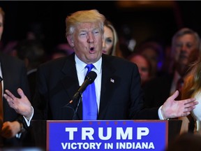 U.S. Republican presidential candidate Donald Trump speaks in New York on May 3, 2016, following the primary in Indiana. Republican Party chief Reince Priebus declared Tuesday that Donald Trump will be the presumptive Republican presidential nominee, after his main rival Ted Cruz dropped out of the race.