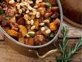 Vegetables, pre-roasted to seal in their moisture, are spiced and simmered into a dinner of comfort food.