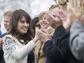 Parti Quebecois MNA Veronique Hivon greets supporters in Joliette, Que., Monday, May 9, 2016, where she announced her intention to run for the leadership of the party.