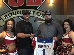 The Alouettes selected Université Laval Rouge et Or offensive-lineman Philippe Gagnon, right with Als kicker Boris Bede on Tuesday night, with their first pick in the 2016 CFL Canadian Draft.